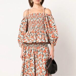TANYA TAYLOR Designer Smocked Floral Balloon Sleeve Top Blouse Size S